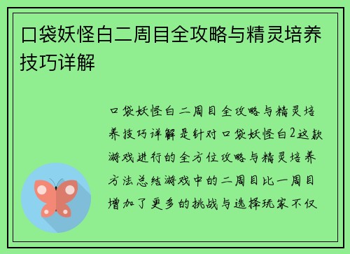 口袋妖怪白二周目全攻略与精灵培养技巧详解